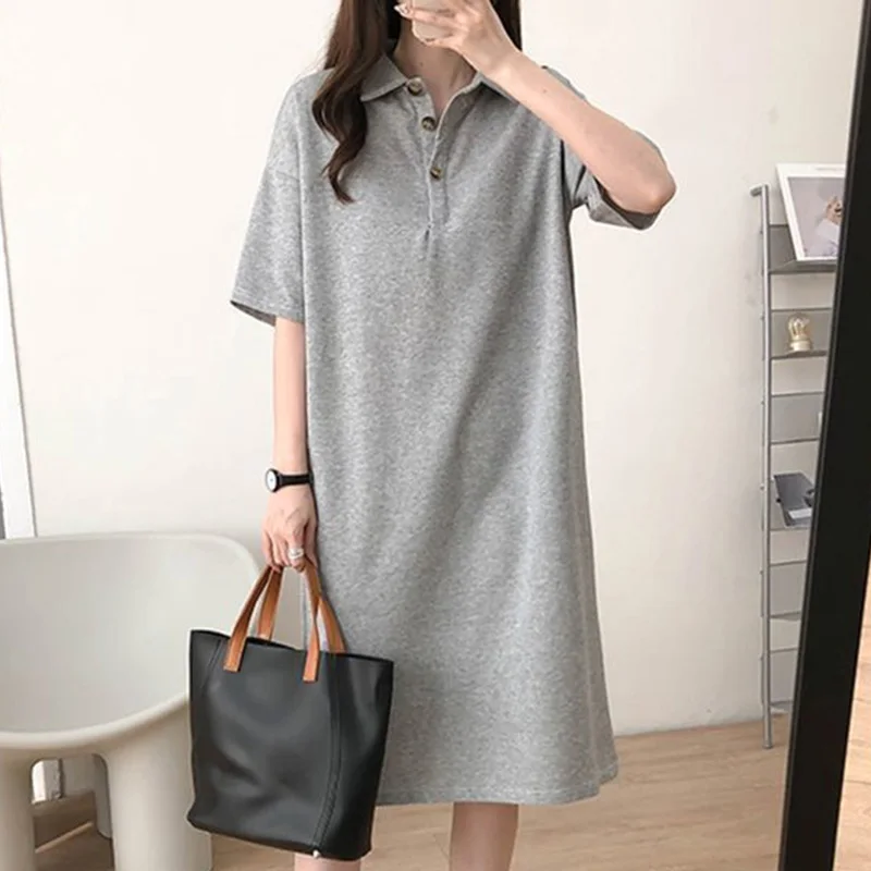 Модное однотонное свободное платье миди в Корейском стиле на пуговицах с