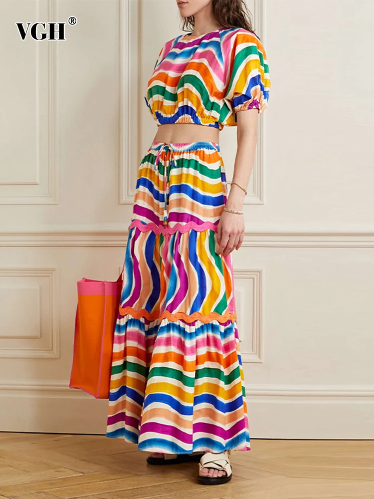 

Женский винтажный комплект из двух предметов VGH, топ в полоску с круглым вырезом и коротким рукавом, длинная юбка с высокой талией, стильная женская одежда
