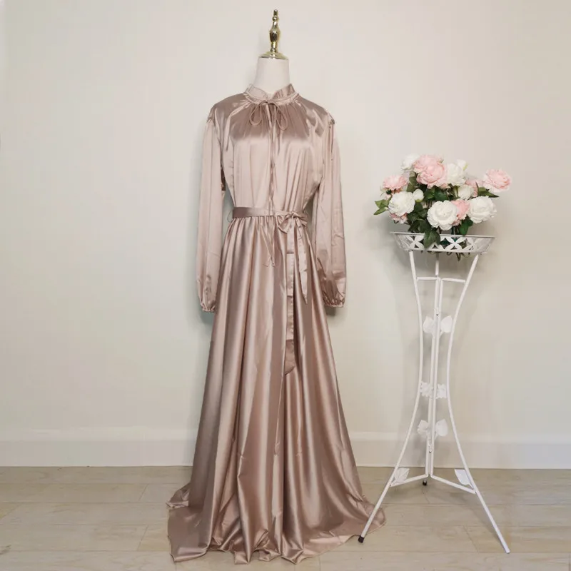 Casual Solid Stain Belt Elegant Muslim Maxi Dresses for Women Dubai Turkey Fashion Long Dress Islamic Clothes Eid Abaya Kaftans