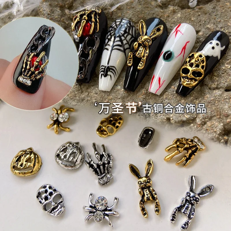 

2022 new metal alloy retro diamond-studded ghost claw ghost face skull spider trendy halloween 3d croc nail art charms
