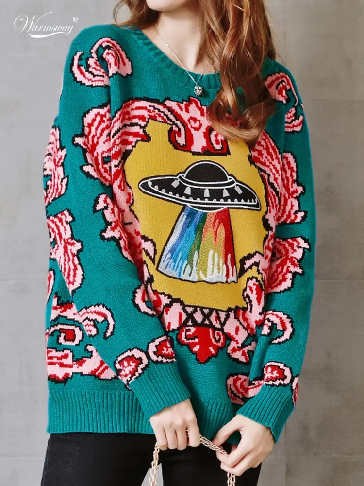 

Women New Vintage Warm Thicken Sweaters UFO Clouds Jacquard Pullovers Winter Autumn Knitted Retro Loose Tops Blusas C-012