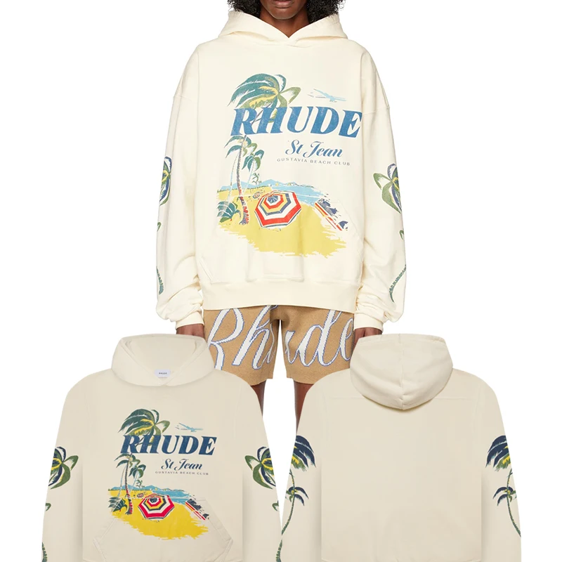 

007 Factory Rhude Beach Club Hoodie Beach Palm Tree Printed High Street Clothing Men Women Loose Cotton Versatile Top Hooded