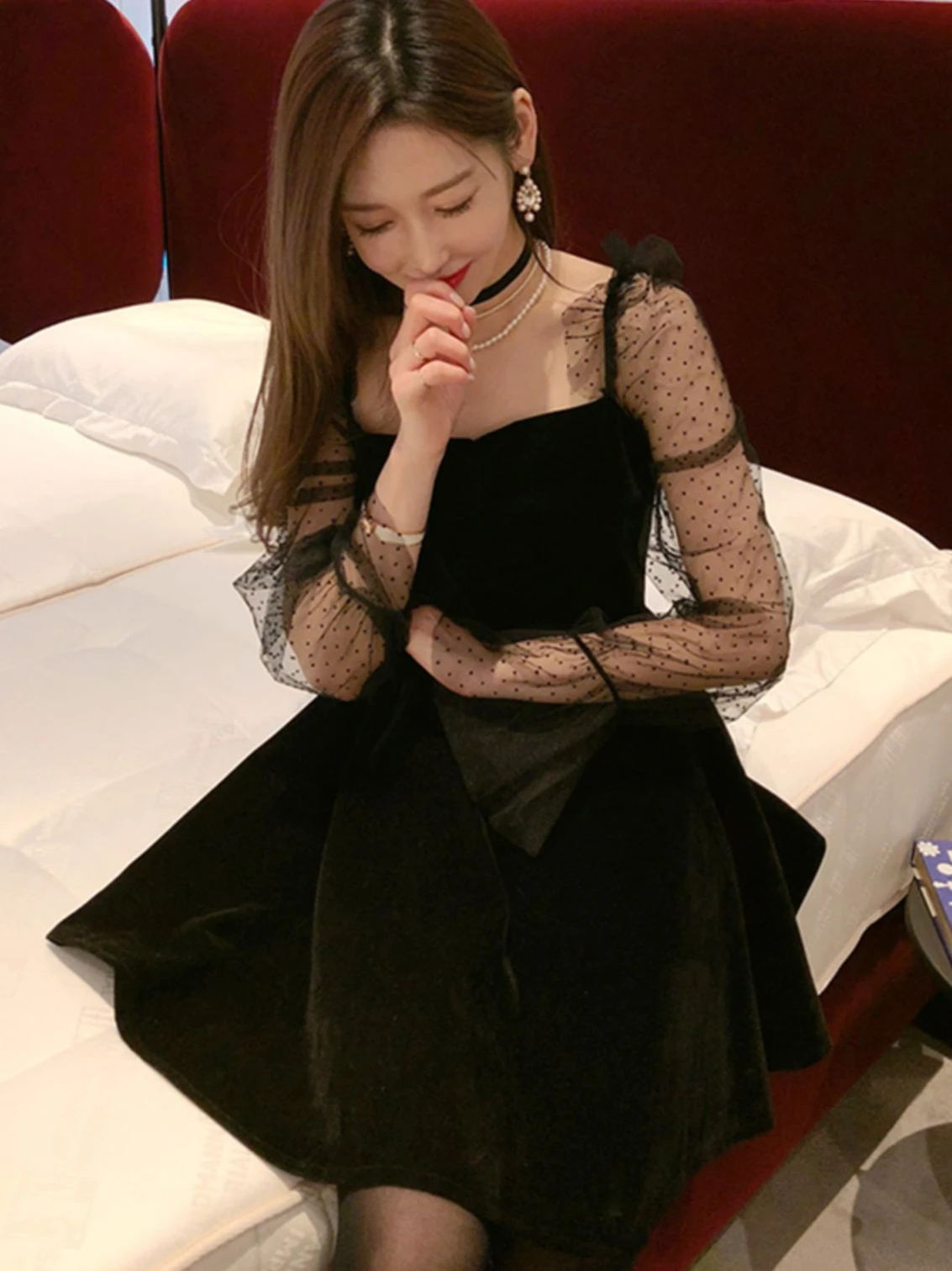 Мини-платья женские винтажные с квадратным воротником в горошек сетчатые