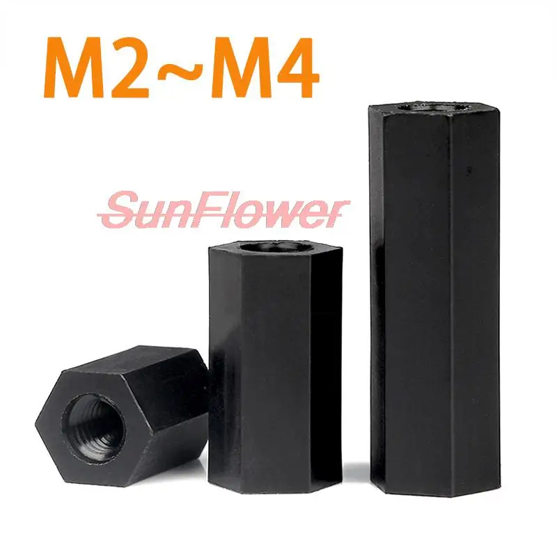 

50Pcs M2 M2.5 M3 M4*L Black Spacing Screws Hex Nylon Standoff Spacer Column Flat Head Double Pass Nylon Plastic