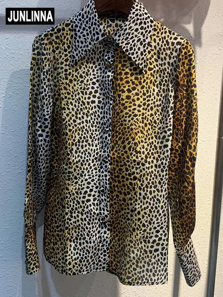 

JUNLINNA Runway Fashion 100% Silk Shirt Spring Autumn Women Leopard Printed Turn-down Collar Long Sleeve Straight Blouses