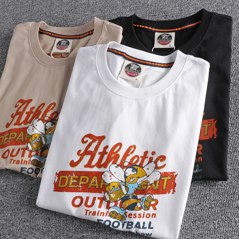 

867# Summer New American Retro Short Sleeve O-neck Printed T-shirt Men's Fashion 100% Cotton Washed Old Loose Couple Casual Tops