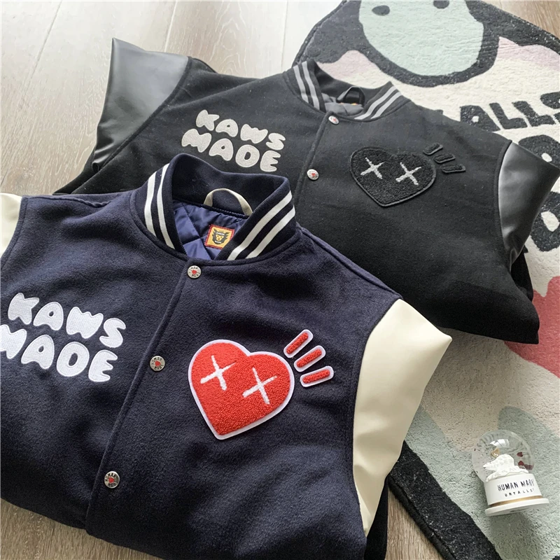 

Human Made Varsity Jacket Men Women Sheep Embroidery Leather Sleeve Baseball Jacket