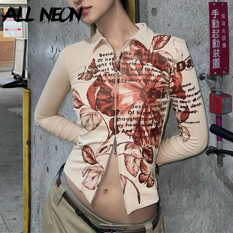 

ALLNeon Chic Double Zipper Long Sleeve T-Shirt 2000s Aesthetics Printed Lapel Collar Blouse Shirts Grunge Female Streetwear Y2K