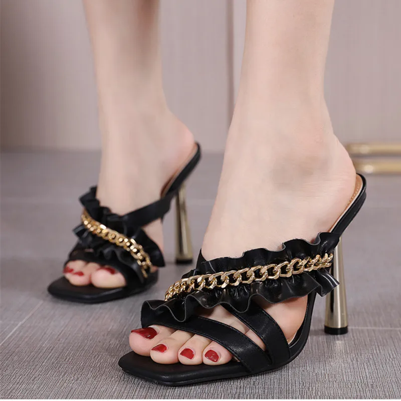 

Sexy Sandals for Ladies High Heels 2022 Large Big 42 43 Metal-chain Pumps 12cm Slippers For Ladies Party Women's Summer Footwear