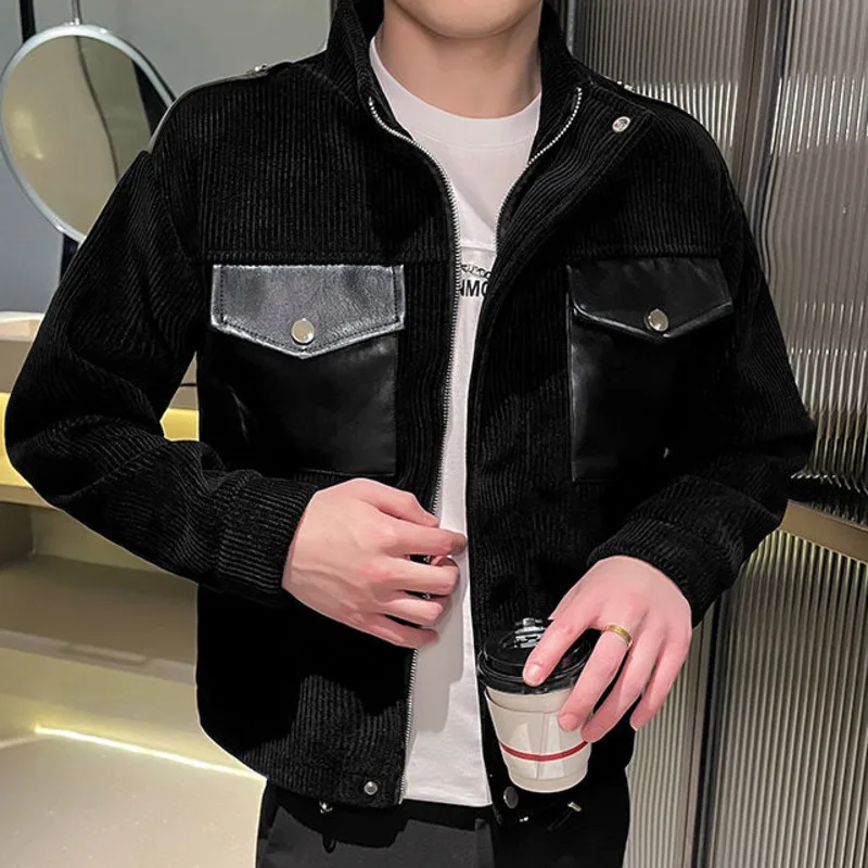 

Высококачественная однотонная Вельветовая куртка из искусственной кожи с воротником-стойкой, Мужская мотоциклетная куртка, приталенная британская трендовая Повседневная куртка на молнии