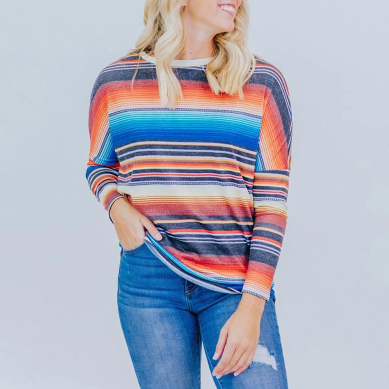 

Striped O-Neck Long-Sleeved Loose T-Shirt Top Women's Contrast Stitching Color Women's Athletic Undergarment for Women Toe Slip