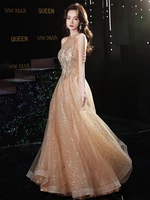 champagne gold evening dress 2022 halter a line sparkly sequin beaded tassel sleeve floor length party night celebrity gowns new