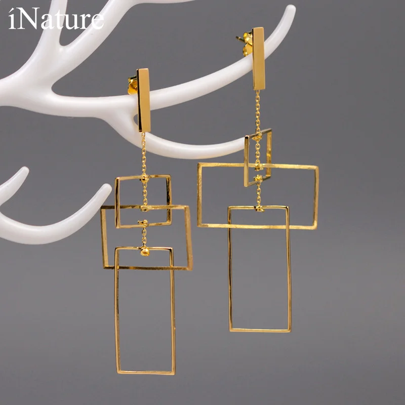 

INATURE 925 Sterling Silver Fashion Rectangle Geometric Statement Gold Metal Drop Earrings For Women Jewelry Accessories