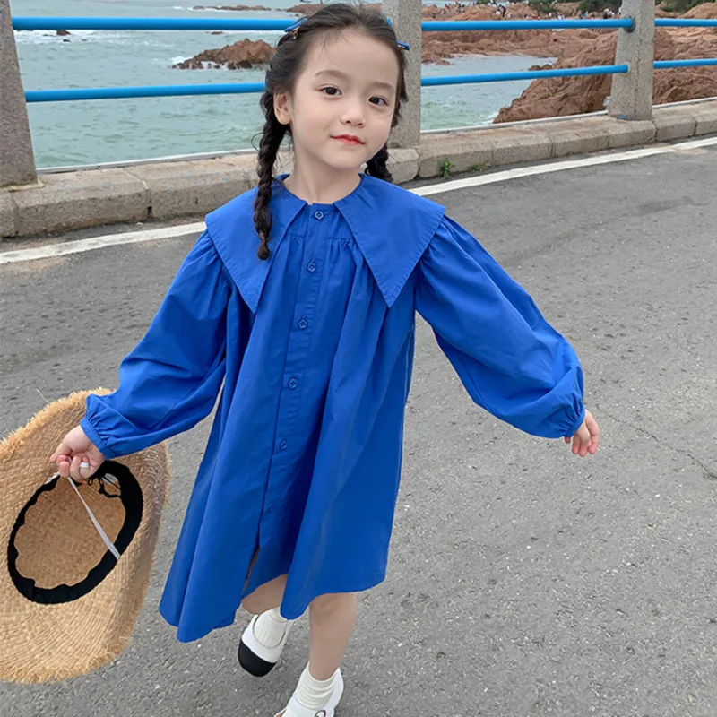 

New Arrival Spring Children Clothes Toddler Kids Big Collar Single Breasted Long Sleeves College Princess Dresses For Girl