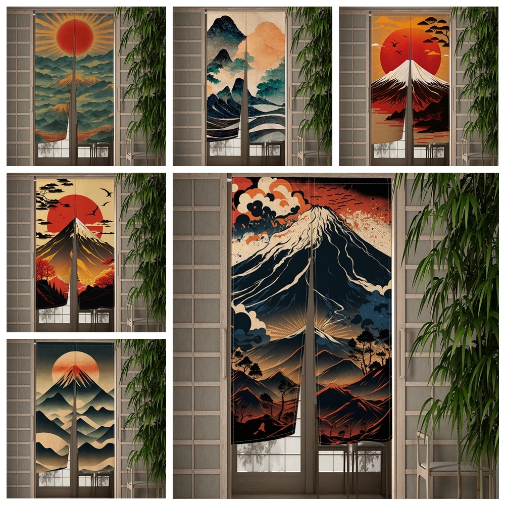 

Nordic Landscape Door Curtain Mount Fuji Sun Ink Painting Japanese Partition Doorway Curtain Drape Entrance Hanging Half-Curtain