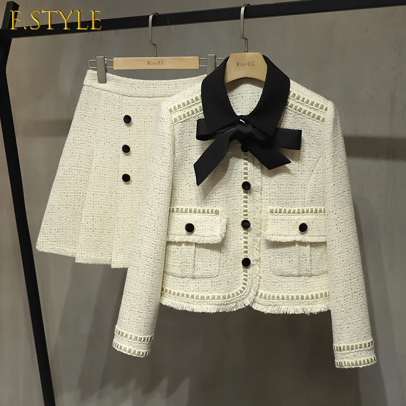 2021Autumn New High Quality Luxury Women Beige Tweed Fringed 2 Two-Piece Set Fashion Bow Jacket Coat + Pleated Skirt Party Suit