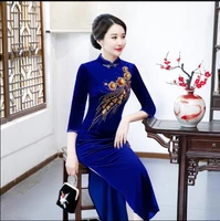 spring cheongsam modified dress chinese traditional long beaded velvet dress qipao vintage