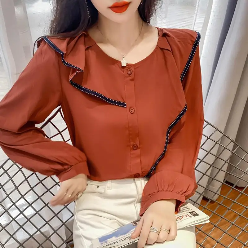 Модная шифоновая рубашка с круглым вырезом и пуговицами оборками женская одежда