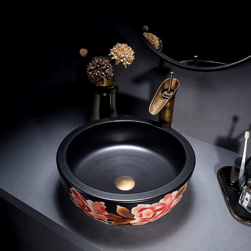 

Round Ceramic Wash Basin Small Home Bathroom European Style Bathroom Sink Art Basin Painting Balcony Basin