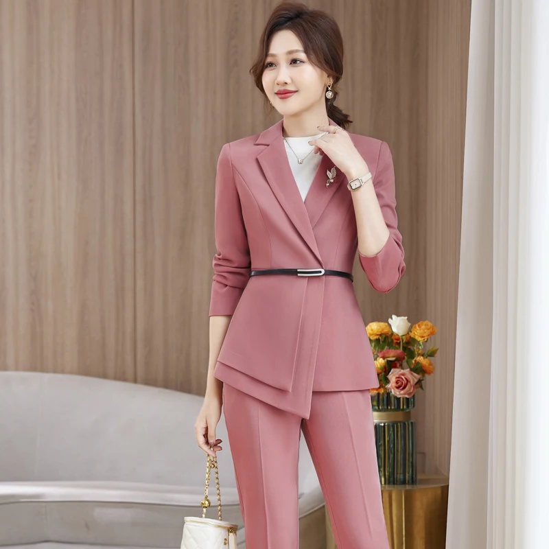 Elegant Women Formal Pant Sets 2023 New in Jacket Blazer with Belt +Pant Suit Office Lady Work Wear Business Female 2 Pieces Set