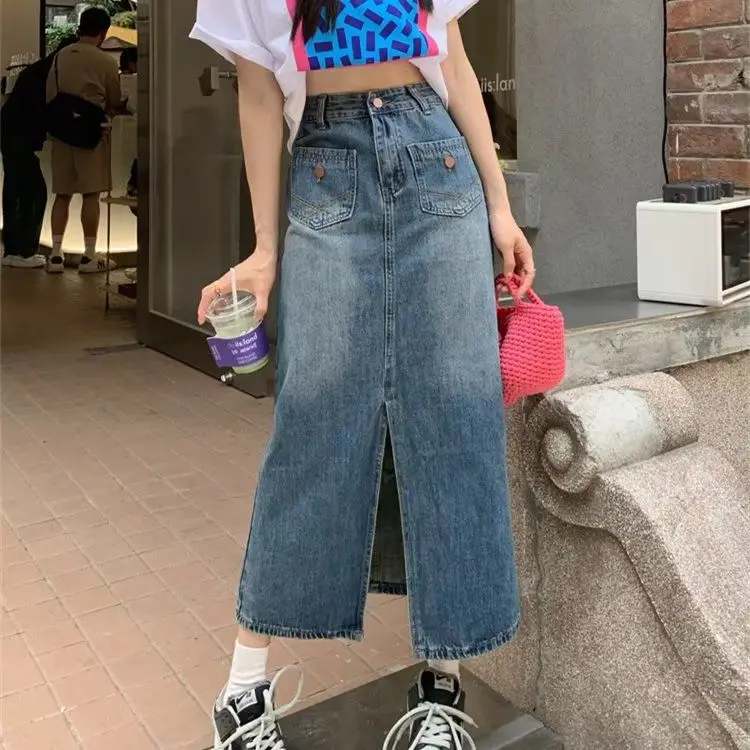 

2023 Women Denim A-line Female Leisure Solid Color Buttons Front-slit Trendy Mid-calf Tender High Waist Daily Hot Skirts Z228
