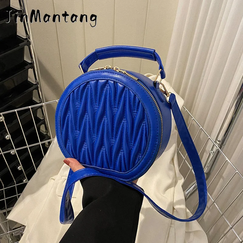 

New Spring Circular Shoulder Bag Embroidery Pu Leather Crossbody Bags For Women Designer Handbag Small Top Handle Bags