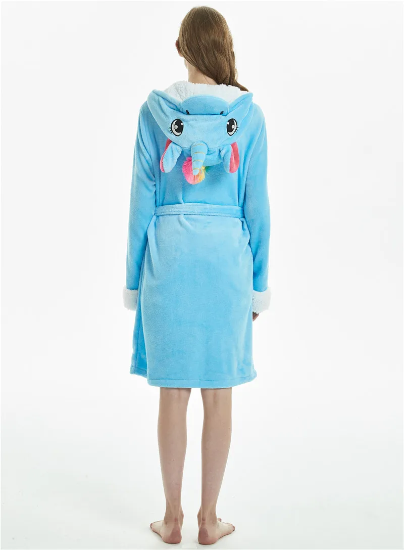 Women's Winter Thin Nightgown Length To The Thigh Polyester Warm Comfortable Colourful Unicorn Leisure Wear With A Belt