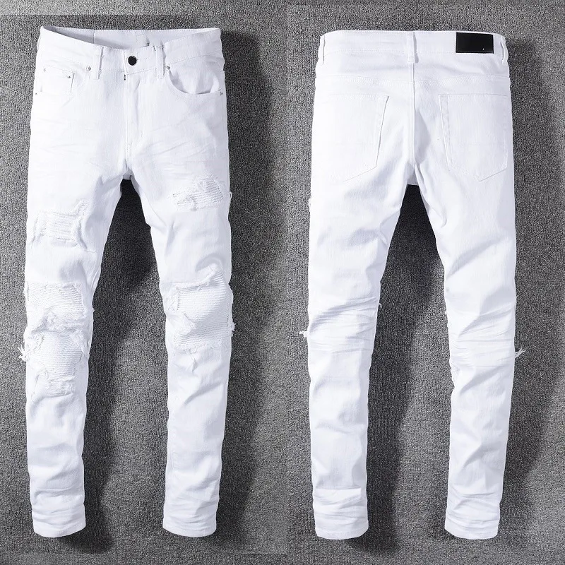Mens White Slim Fit High Street Denim Pants Korean Fashion Style Destroyed Bandana Ribs Patches Distressed Skinny Ripped Jeans