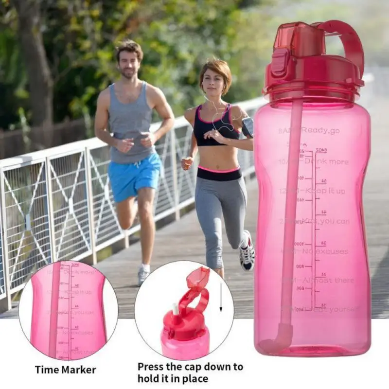 

2000ml Large Capacity Fitness Water Bottle Outdoor Sports Cup With Straw Tick Mark Handle Leakproof Portable BPA Free Kettle