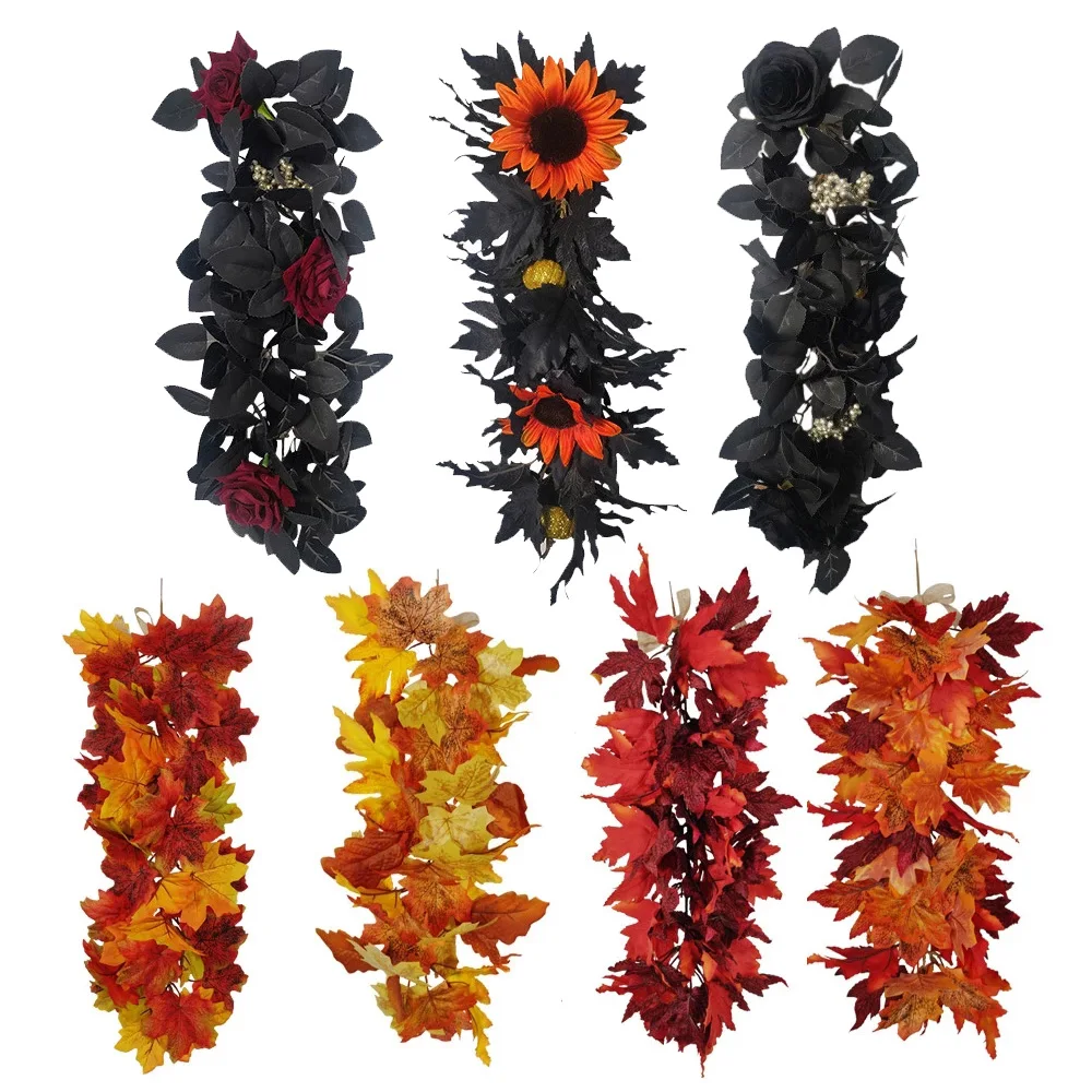

1PC Artificial Maple Leaf Vine Halloween Door Decoration Autumn Festive Atmosphere Decor Fake Garland Plant Christmas Home Decor