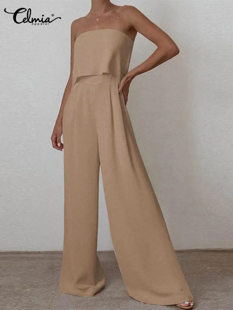 

Celmia Women Sexy Strapless Playsuits Fashion Wide Leg Pants Layered Overalls Jumpsuits 2022 Summer Solid Color Long Rompers