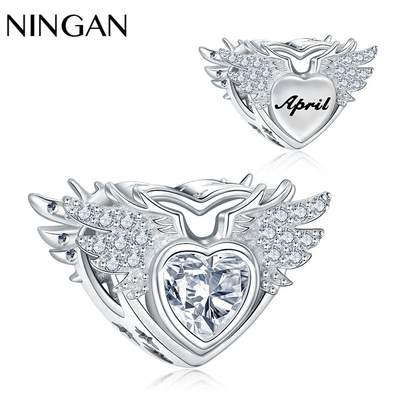 

NINGAN April Birthstone Charms for Women Bracelet DIY Beaded Silver Wings Love Charm 925 Sterling Silver Jewelry