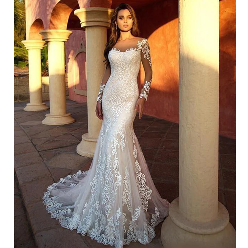 

3D Appliqued Lace Mermaid Wedding Dresses 2022 Sheer Neck Long Sleeve Bridal Gowns Illusion Wedding Dress Robe De Mariee