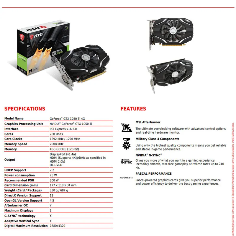 Видеокарта MSI GeForce GTX 1050 Ti 4G GDDR5 1392 бит МГц DVI DP HDMI |
