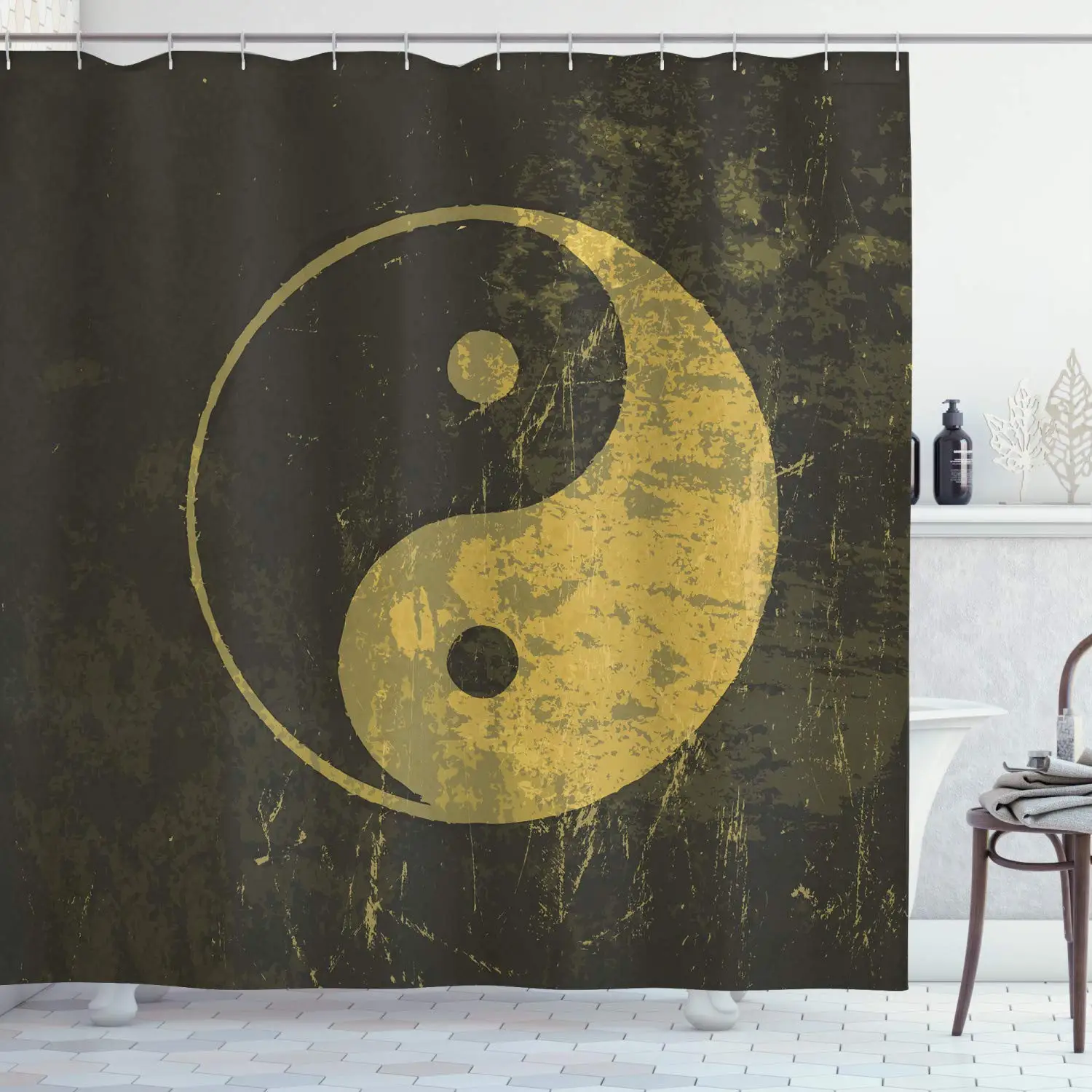 

Tai Chi Yin Yang Shower Curtain Chinese Gossip Pattern Psychedelic Art Waterproof Fabric Bathroom Shower Screen with Hooks