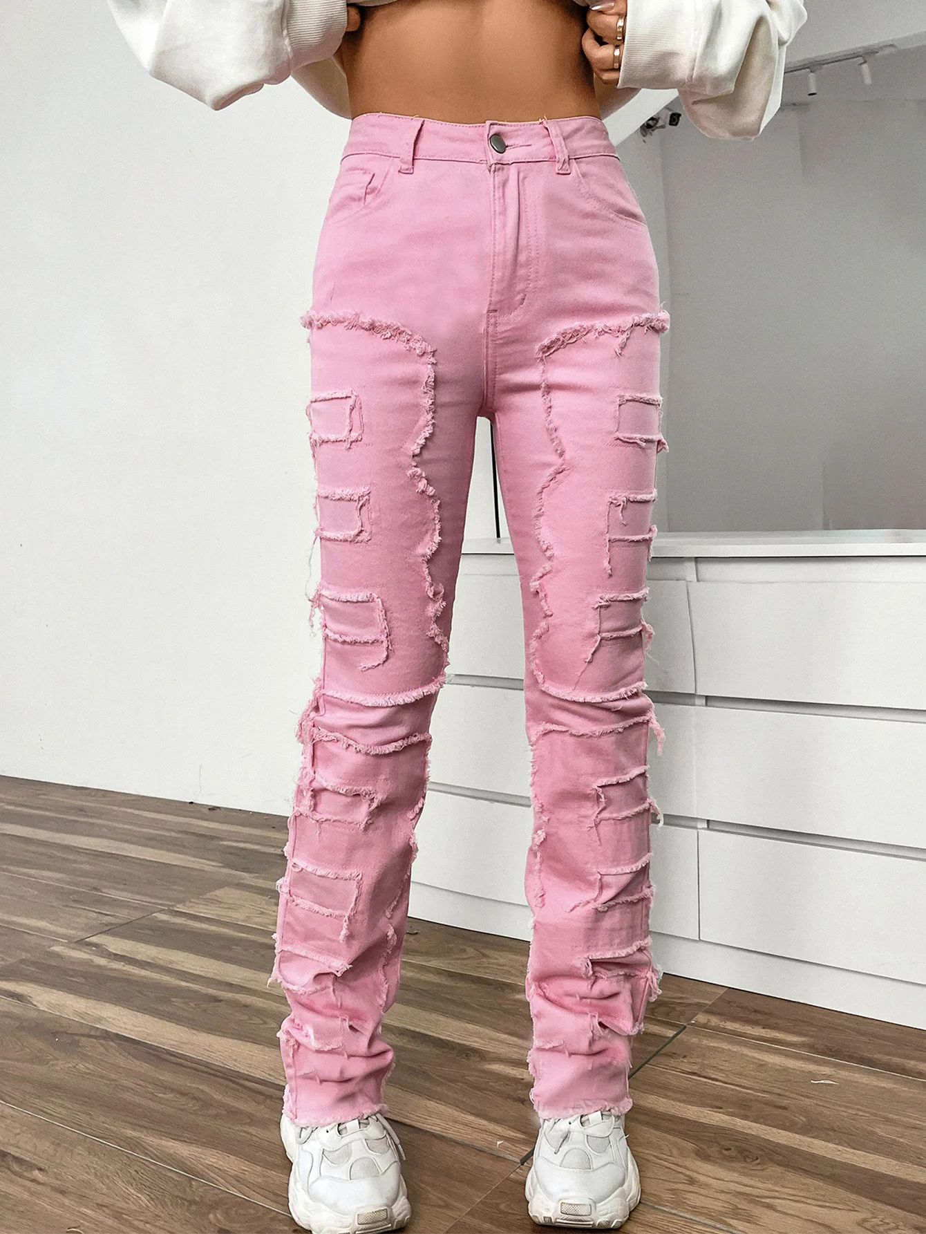 

Стильные женские розовые джинсы в складку, рваные джинсы, хлопковые Стрейчевые длинные брюки Y2K, женская одежда