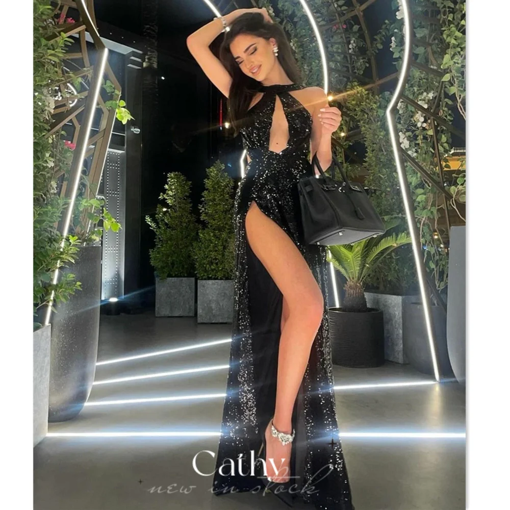 

Cathy Sexy Open Back Prom Dresses 2023 Sequins Evening Dress Side Split Fishtail فستان سهرة Glitter Black Trumpet Robe De Soirée