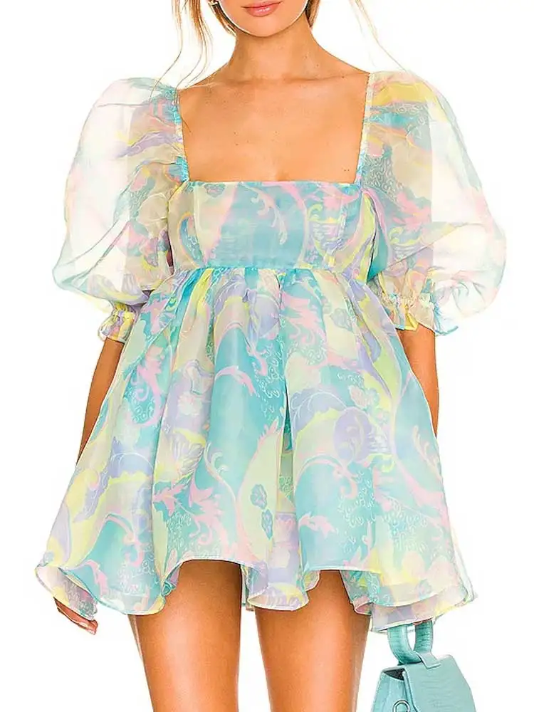 Женское платье-фонарик с принтом полупрозрачное платье из органзы новинка 2022