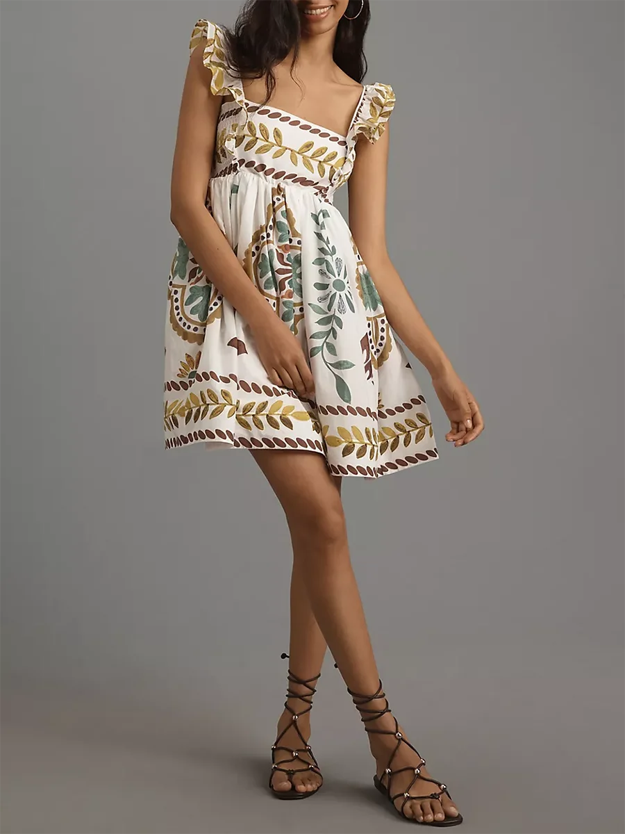 Женское мини-платье А-силуэта с оборками без рукавов квадратным вырезом Короткое