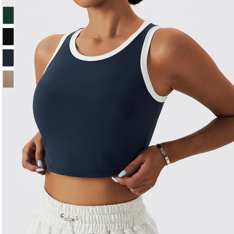 

Кроп-топ женский с круглым вырезом, укороченный дышащий Быстросохнущий Топ без рукавов, майка для занятий йогой, с нагрудными подушечками, в...