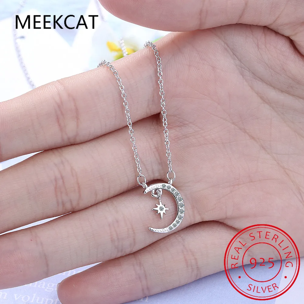 Настоящее серебро 925 пробы модное колье-чокер с милой луной и звездой CZ для женщин
