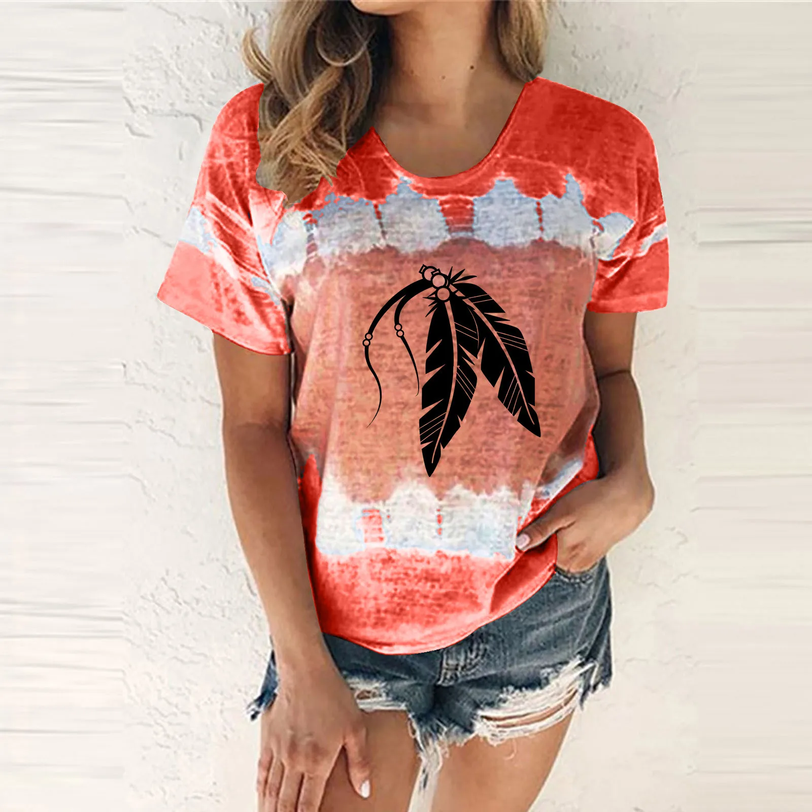

Womens Casual Fashion Feather Printing Round Neck Short Sleeve T Shirt Blouse Tops Fashion Thermal Tops for Women