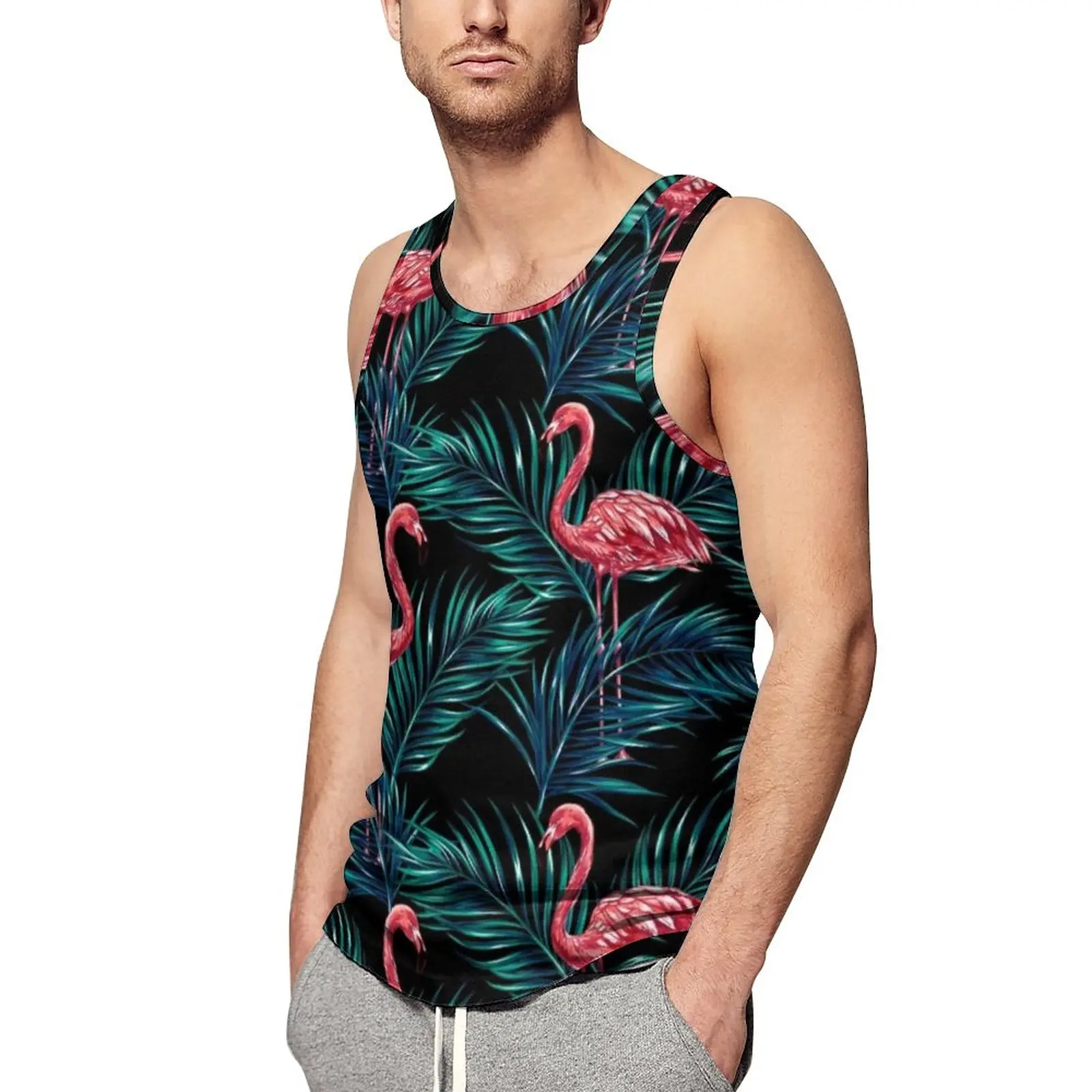 

Tropical Flamingo Birds Tank Top Green Leaves Print Sportswear Tops Beach Bodybuilding Males Sleeveless Shirts Big Size 4XL 5XL
