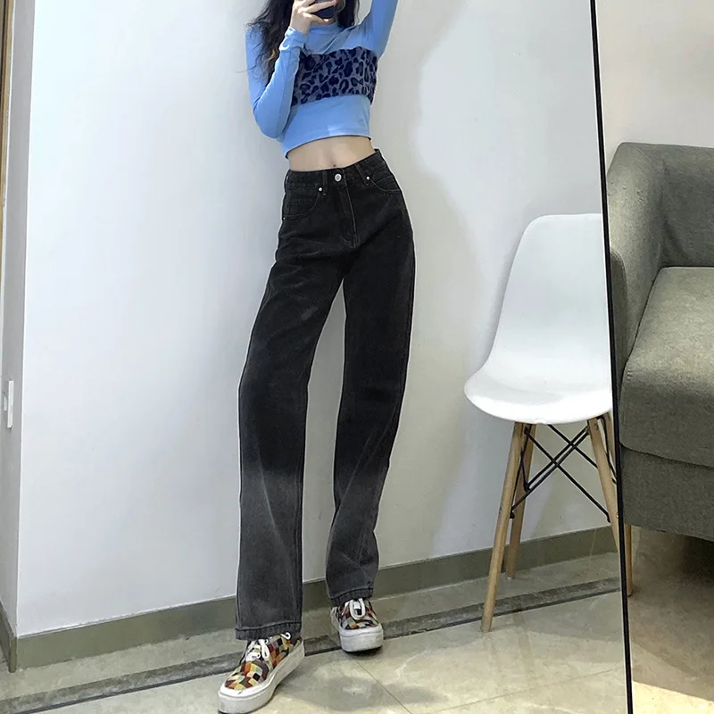 

Fashion Gradient Casual Straight-leg Jeans Women Street Indie Heart Print High Waist Loose Pants 2021 Spring Autumn New Trousers