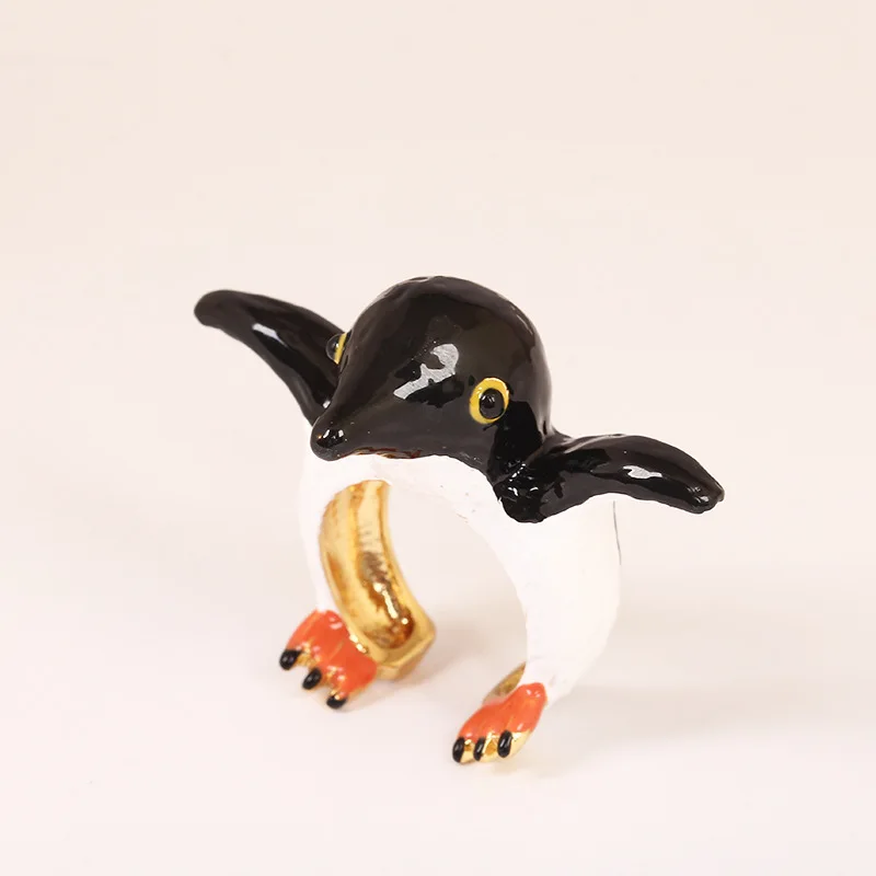 Золотая пингвинка - свободный размер, эмалированные женские кольца для девочек, милые прелестные глазурованные ручной работы, регулируемая пальчиковая бижутерия.