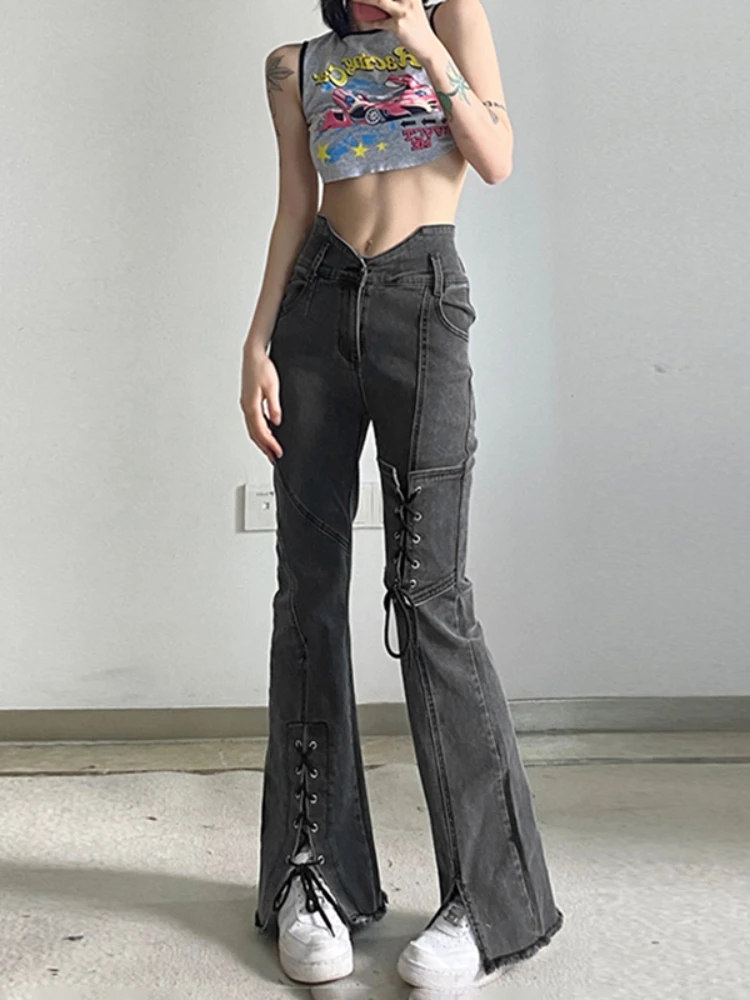 

Модные джинсы в Корейском стиле, женские Асимметричные джинсы составного кроя с раздвоенными карманами и завышенной талией, женские облега...