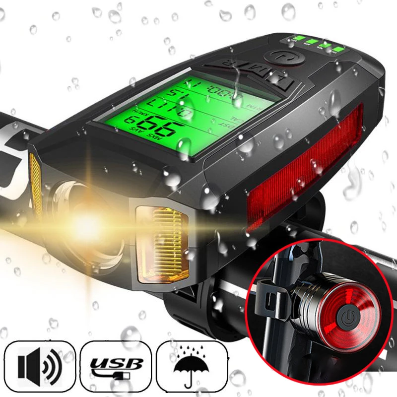 

3-в-1 перезаряжаемый фонарик на руль велосипеда фара с задним фонарем компьютерный звонок