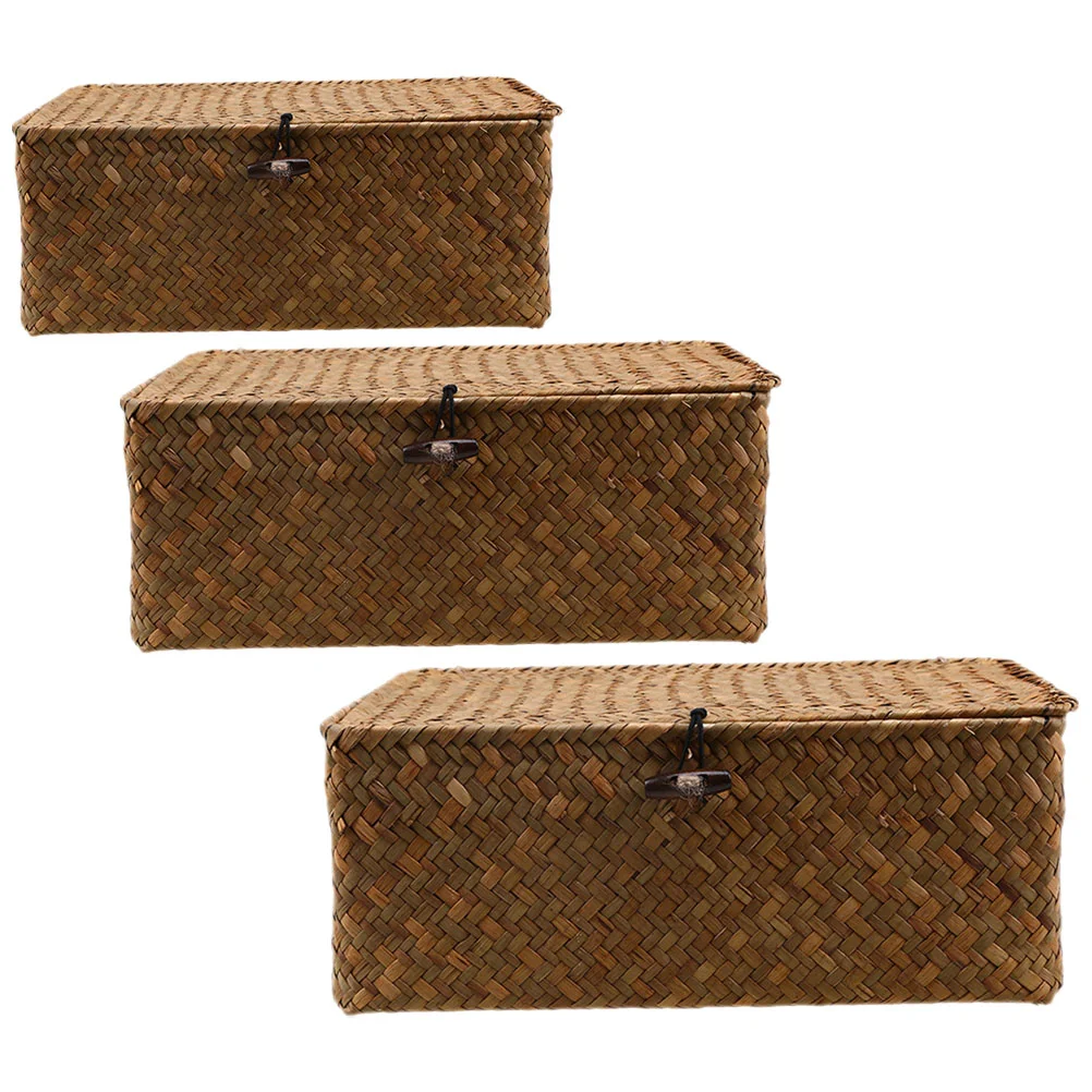 

3 Pcs Woven Storage Basket Lid Sundry Organizer Portable Case Toy Finishing Large Wicker Desktop Seaweed Baskets Lids