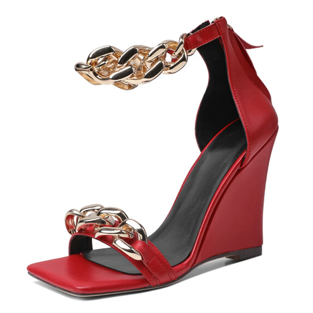 

RIBETRINI Open Toe Metal Chain Ankle Strappy Luxury High Heels Sandals For Women High Wedges Cover Heel Zip Brand Shoes Woman
