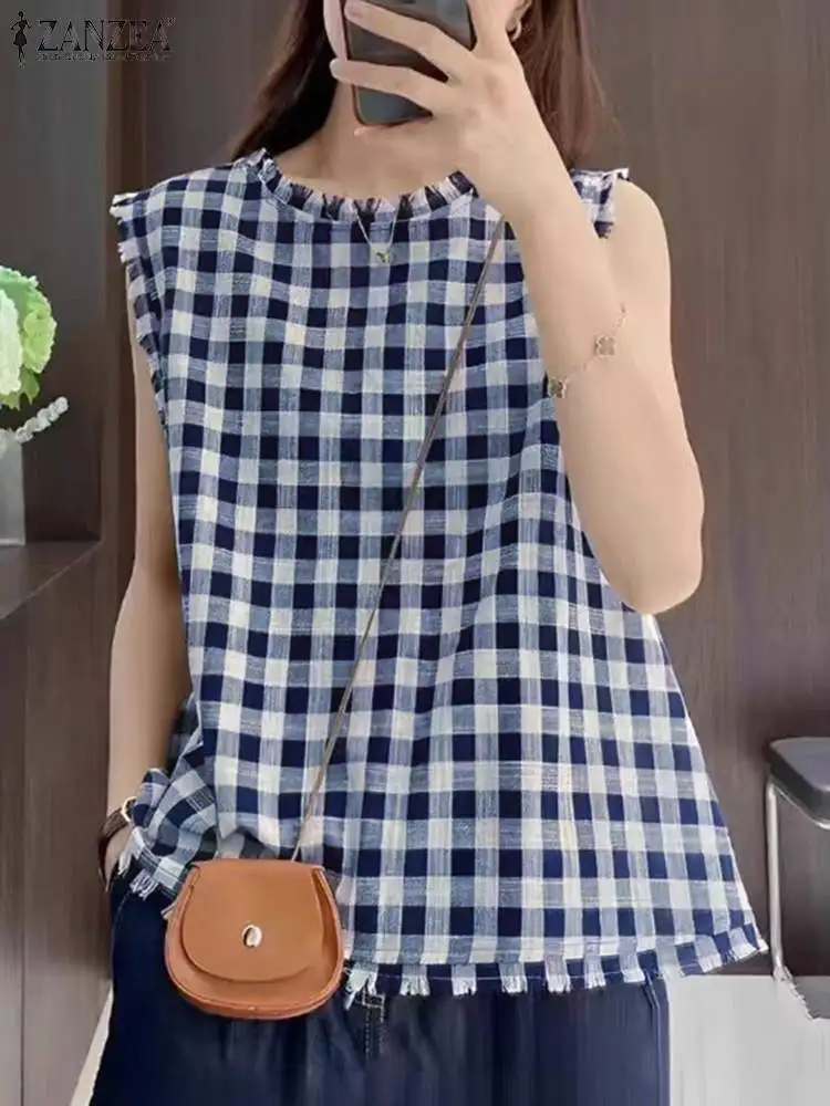 Корейский Летний клетчатый Топ ZANZEA без рукавов Женская Повседневная свободная